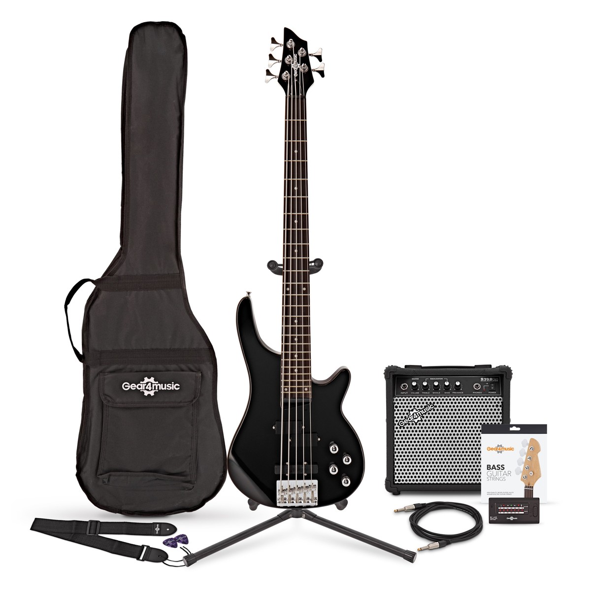 Chicago 5 String Bass Guitar Black + 35W Amp Pack by Gear4music